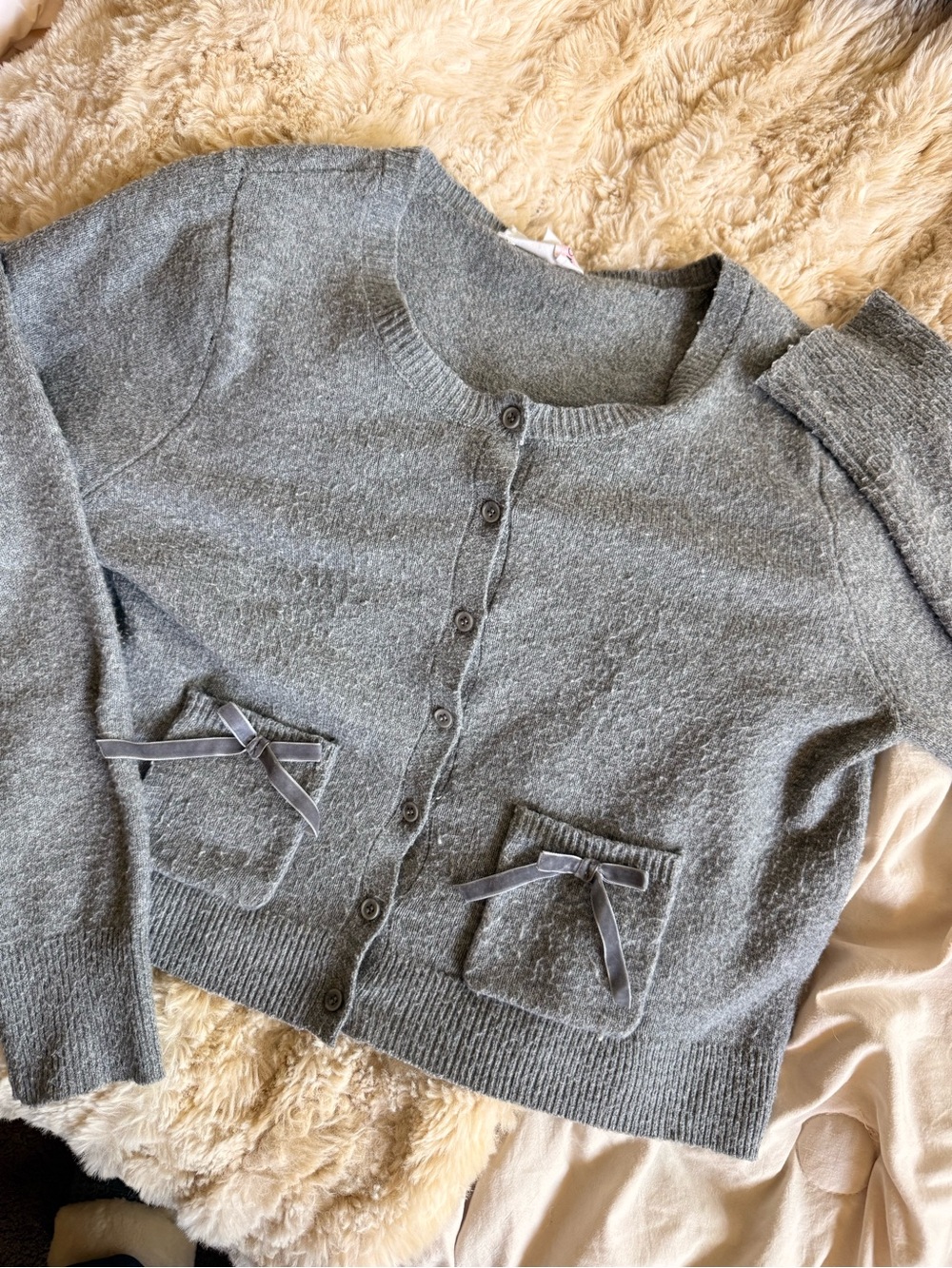 Women’s Gray Button-Up Sweater with Pocket Bows